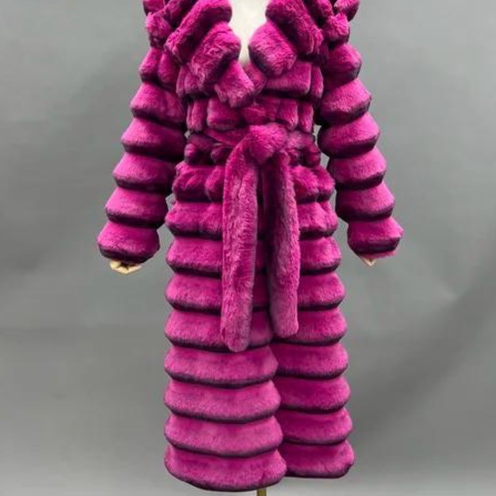 🆕 Chinchilla Faux Fur Coat Luxury Soft Long Length Trench Hot Pink Black 2X XXL - Picture 3 of 7
